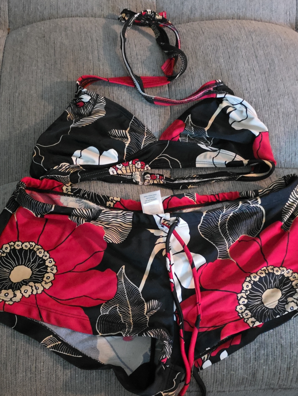 Old Navy Black & Red Floral Halter and Boy Short Swim Set